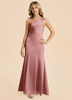 Azazie Ren Junior Robe Trapèze en Satin extensible Plissé Rose Poussiéreuse image4