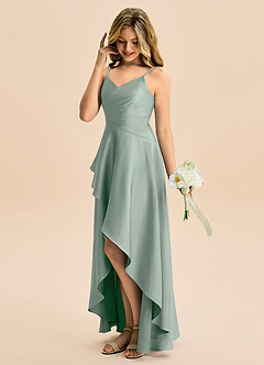 Azazie Eirlys Junior Agave A-Line Pleated Stretch Satin Dress image3