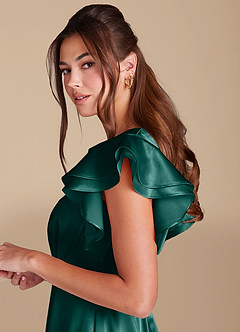 Azazie Daphne Modest Bridesmaid Dresses A-Line Ruched Metallic Satin Floor-Length Dress image5