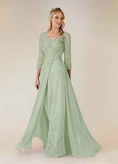 Azazie Noella Mère de la mariée Robes Robe Trapèze en Mousseline de soie Col V Dentelle Vert Sauge image3