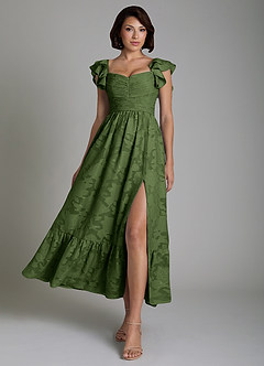 Azazie Anaya Bridesmaid Dresses Olive A-Line Ruched Floral Burnout Dress image1