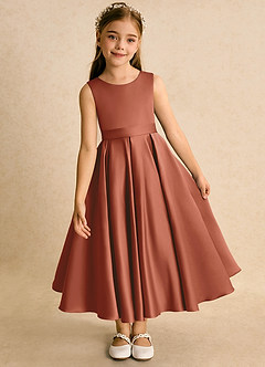 Azazie Junebuj vestidos de niña de las flores Vestido de Castaño de Satin Mate de Princesa con Plisado image6
