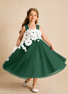 Azazie Dovey Flower Girl Dresses Dark Green Ball-Gown Bow Tulle Dress image4