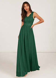 Azazie Gertrude Abiti da Damigella Abito A-Line in Chiffon Pizzo Verde Scuro image1