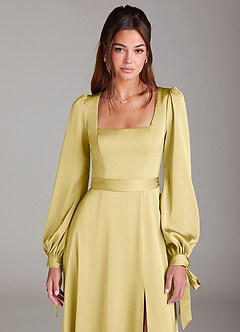 Azazie Leonia Bridesmaid Dresses Lemon Sorbet A-Line Long Sleeve Stretch Satin Dress image6