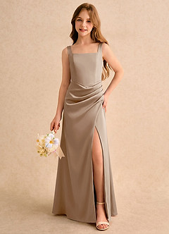 Azazie Noah Girls Formal Flower Girl Dresses Taupe Sheath Pleated Stretch Satin Dress image3