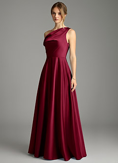 Azazie Xanthe Vestidos de madrinha de casamento Vestido Borgonha de Cetim elástico de Linha A com Ombros Caídos image4