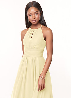 Azazie Bonnie Vestidos de damas de honor Vestido de Sorbete De Limón de Gasa de Corte en A con Cuello de pico fruncido image5