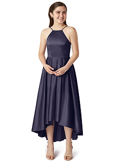 Azazie Jemima Junior Stormy A-Line with Pockets Stretch Satin Dress image4