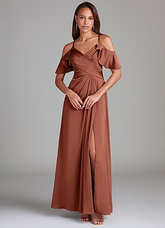 Azazie Dakota Robes de demoiselle d'honneur Robe Trapèze en Satin extensible Épaule décolletée Argile image3