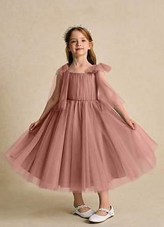 Azazie Dori Robe Demoiselle D'honneur Fillette Robe Trapèze en Tulle Rayé Rose De Cèdre image6
