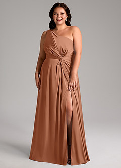 Azazie Brooke Bridesmaid Dresses Bronzer A-Line One Shoulder Stretch Satin Dress image8