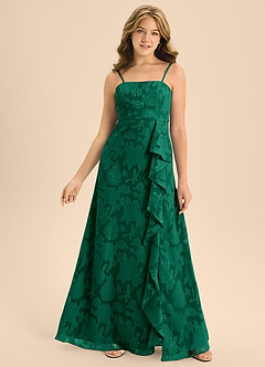 Azazie Kaylee Junior Emerald A-Line with Belt Floral Burnout Dress image4