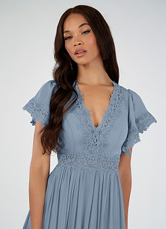 Azazie Tulum Vente finale Robe A-ligne en Viscose Dentelle Bleu Poussiéreux image4