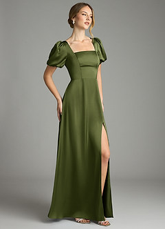 Azazie Fyona Bridesmaid Dresses Olive A-Line Pleated Stretch Satin Dress image11