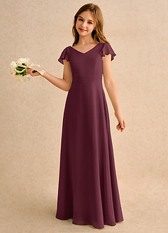 Azazie Nari Girls Formal Flower Girl Dresses Cabernet A-Line with Sleeves Chiffon Dress image1