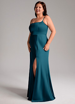 Azazie Lidia Bridesmaid Dresses Ink Blue Mermaid Side Slit Stretch Satin Dress image11