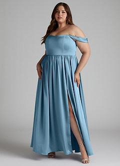 Azazie Morana Bridesmaid Dresses Steel Blue A-Line Off the Shoulder Stretch Satin Convertible Dress image12