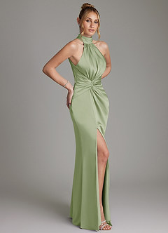 Azazie Gracelynn Bridesmaid Dresses Dusty Sage Sheath Pleated Stretch Satin Dress image7