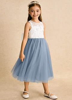 Azazie Lina Flower Girl Dresses Ivory Dusty Blue Ball-Gown Lace Dress image3