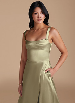 Azazie Hope Bridesmaid Dresses Moss Green A-Line with Pockets Metallic Satin Dress image3