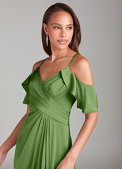 Azazie Dakota Bridesmaid Dresses Basil A-Line Off the Shoulder Stretch Satin Dress image5
