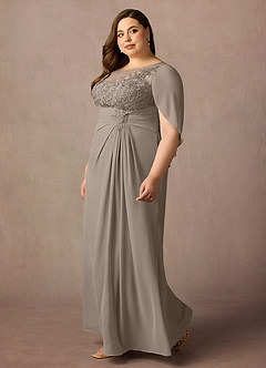 Azazie Hera Mother of the Bride Dresses Taupe A-Line Lace Capelet Chiffon Dress image8