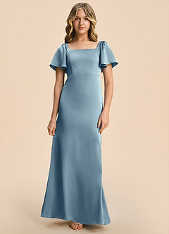 Azazie Chace Junior Dusty Blue Sheath Stretch Satin Dress image4