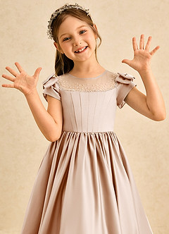 Azazie Toffee Abiti da Ragazza di Fiori Abito Principessa in Raso Opaco Fiocco Rosa Inglese image6