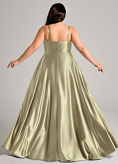 Azazie Elle Bridesmaid Dresses Moss Green A-Line with Pockets Metallic Satin Dress image2