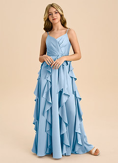 Azazie Peyton Junior Vestido de Azul Pálido de Satén Elástico de Corte en A con Plisado image4