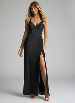 Azazie Becca Bridesmaid Dresses Black Sheath V-Neck Chiffon Dress image3