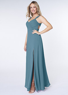 Azazie Nahrin Brautjungfernkleider A-Linie V-Hals Gefaltet Chiffon Kleid Bermudablau image3