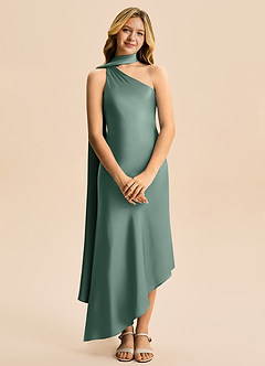 Azazie Briony Junior Eucalyptus Sheath Pleated Stretch Satin Dress image7