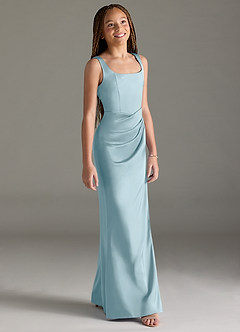 Azazie Mero Junior Moody Blue Mermaid Pleated Stretch Satin Dress image3
