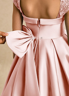 Azazie Genie Flower Girl Dresses Blushing Pink Ball-Gown Off the Shoulder Matte Satin Dress image5