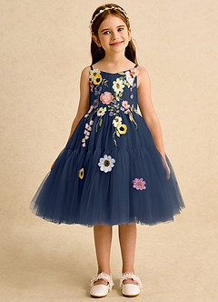 Azazie Osea Flower Girl Dresses Dark Navy Ball-Gown Pleated Tulle Dress image7