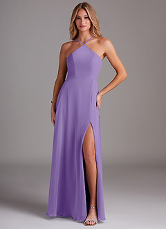 Azazie Bailey Bridesmaid Dresses Tahiti A-Line Halter Side Slit Chiffon Dress image1