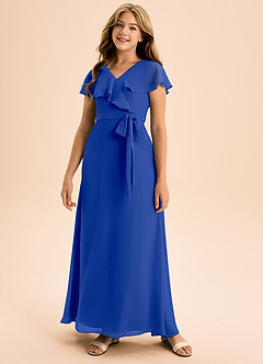 Azazie Lainey Junior Vestido de Azul Real de Gasa de Corte En A con Con bolsillos image4