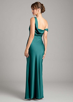Azazie Madelyn Robes de demoiselle d'honneur Robe Sirène Convertible en Satin extensible Une épaule Paon image2