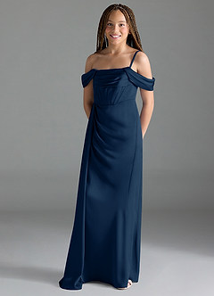 Azazie Amyra Junior Dark Navy Sheath Off the Shoulder Stretch Satin Dress image4