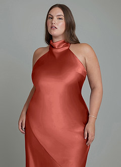 Azazie Velli Bridesmaid Dresses Terracotta Sheath High Neck Metallic Satin Dress image9