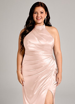 Azazie Jemma Bridesmaid Dresses Rose Gold Sheath Pleated Metallic Satin Dress image12