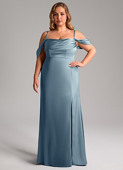 Azazie Saige Bridesmaid Dresses Dusty Blue Sheath Off the Shoulder Stretch Satin Dress image15