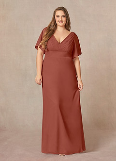 Azazie Alessa At-home Try On Dresses Auburn A-Line V-Neck Pleated Chiffon Dress image7