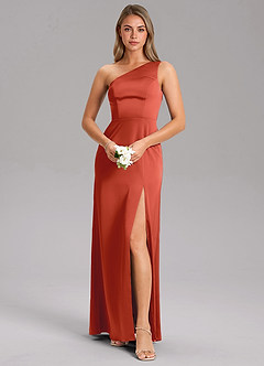 Azazie Feby Bridesmaid Dresses Rust A-Line One Shoulder Stretch Satin Dress image1