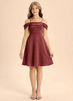 Azazie Anselie Junior Terracotta A-Line Off the Shoulder Stretch Satin Dress image3