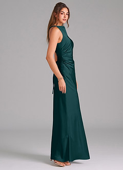 Azazie Evadne Bridesmaid Dresses Pine Sheath Pleated Stretch Satin Dress image4
