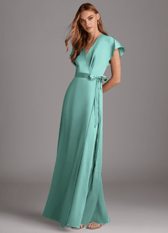 Azazie Nico Vestidos de damas de honor Vestido de Aqua de Satén Elástico de Corte en A con Cuello en V image4