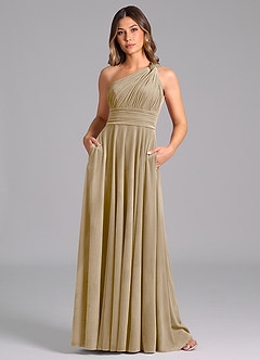 Azazie Charlize Bridesmaid Dresses Golden Tan A-Line One Shoulder Velvet Dress image3